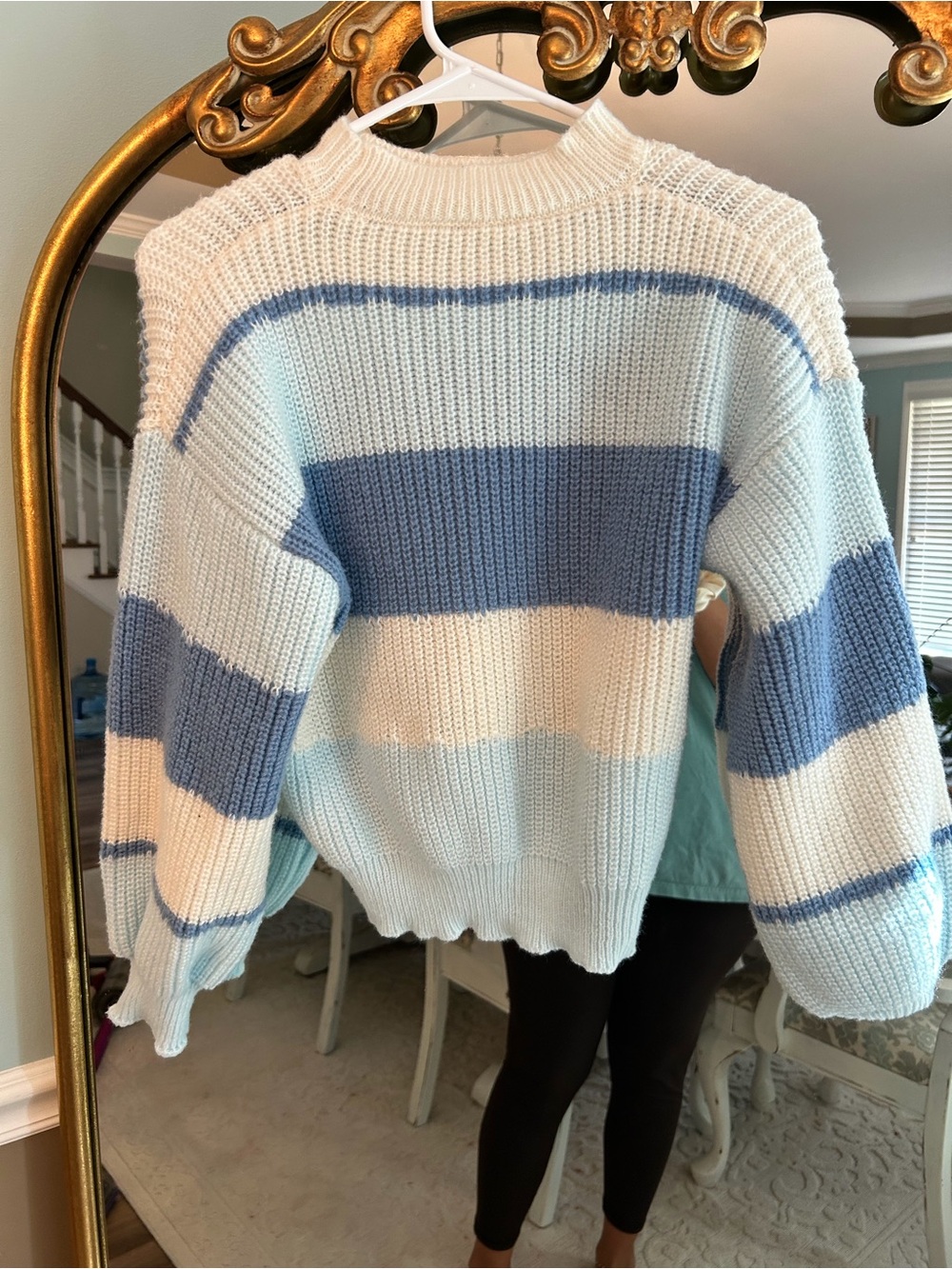 Girls 12Y Blue Cream Striped Chunky Knit Oversized Sweater